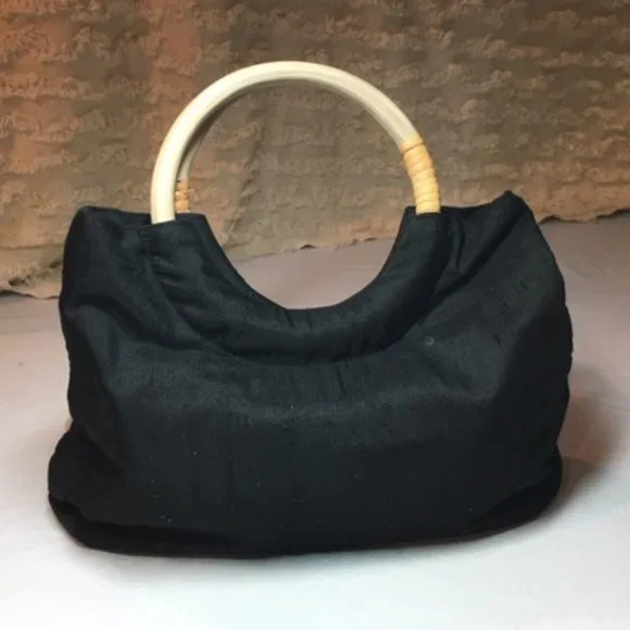 LIKE NEW Silk Purse Black w/Beads, Cowrie Shells Wooden Handle Handbag 11.5"x 8" - Picture 5 of 8